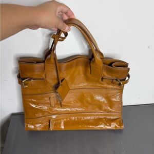 SAINT LAURENT Patent Sac Anais Tote Camel Purse